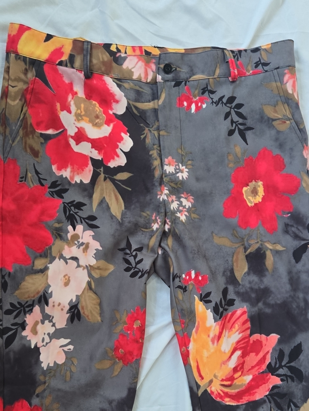 Men's Pants Grey With Multi Color Flowers On Front/Back Beautiful Rich Colors - Picture 4 of 15